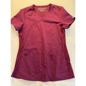 The Scrubology Ladies Wine Red Mock Wrap Scrub Top in size small